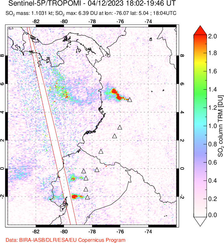 A sulfur dioxide image over Ecuador on Apr 12, 2023.
