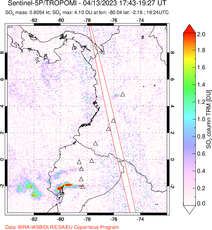 A sulfur dioxide image over Ecuador on Apr 13, 2023.