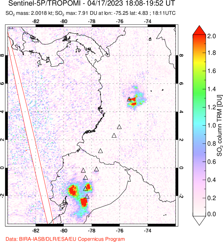 A sulfur dioxide image over Ecuador on Apr 17, 2023.