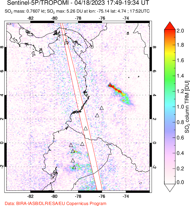 A sulfur dioxide image over Ecuador on Apr 18, 2023.