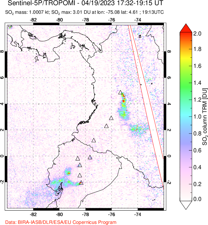 A sulfur dioxide image over Ecuador on Apr 19, 2023.