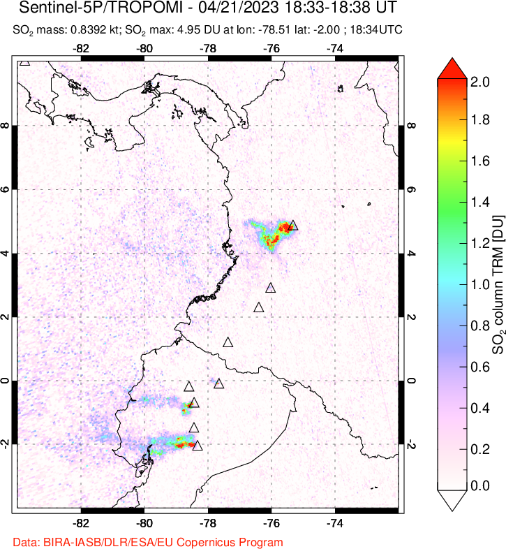 A sulfur dioxide image over Ecuador on Apr 21, 2023.