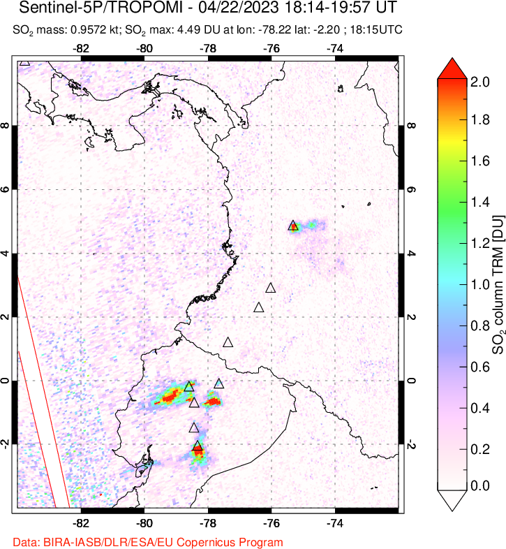 A sulfur dioxide image over Ecuador on Apr 22, 2023.