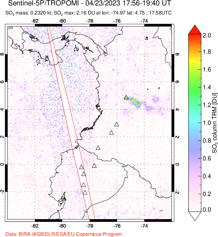 A sulfur dioxide image over Ecuador on Apr 23, 2023.