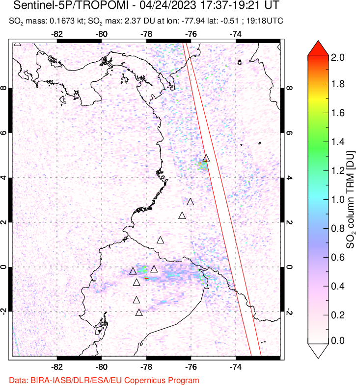 A sulfur dioxide image over Ecuador on Apr 24, 2023.