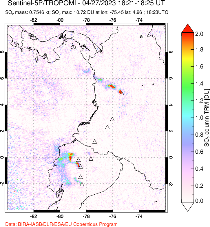 A sulfur dioxide image over Ecuador on Apr 27, 2023.