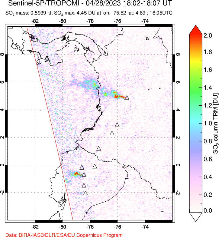 A sulfur dioxide image over Ecuador on Apr 28, 2023.