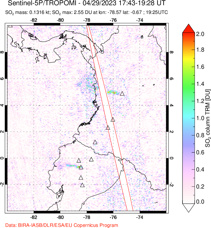 A sulfur dioxide image over Ecuador on Apr 29, 2023.