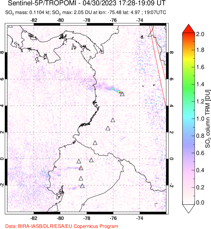 A sulfur dioxide image over Ecuador on Apr 30, 2023.