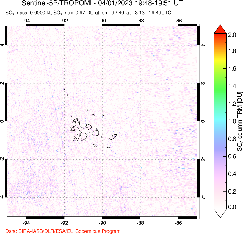 A sulfur dioxide image over Galápagos Islands on Apr 01, 2023.