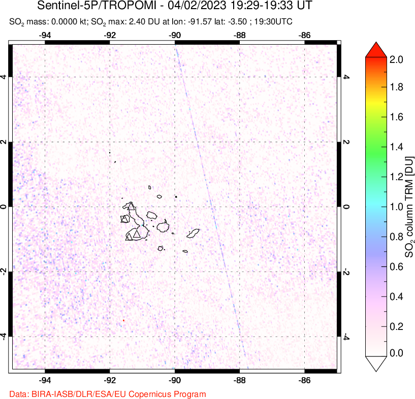 A sulfur dioxide image over Galápagos Islands on Apr 02, 2023.