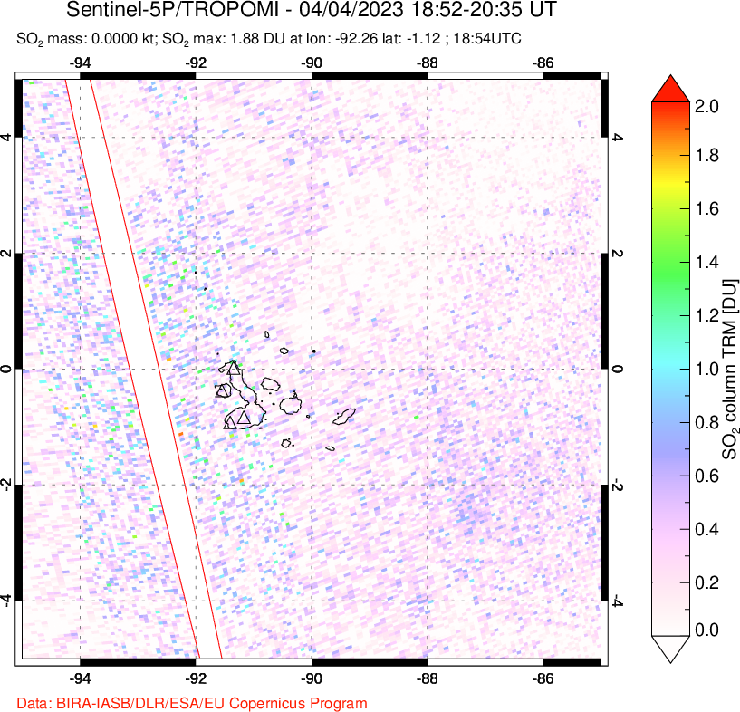 A sulfur dioxide image over Galápagos Islands on Apr 04, 2023.