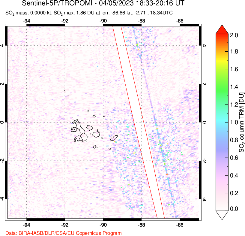 A sulfur dioxide image over Galápagos Islands on Apr 05, 2023.