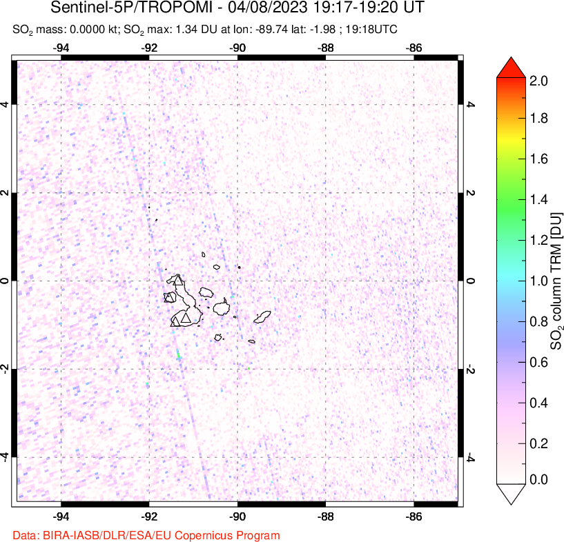 A sulfur dioxide image over Galápagos Islands on Apr 08, 2023.
