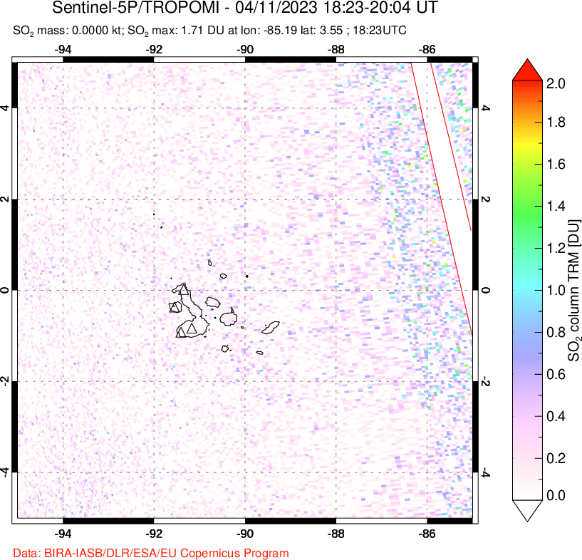 A sulfur dioxide image over Galápagos Islands on Apr 11, 2023.
