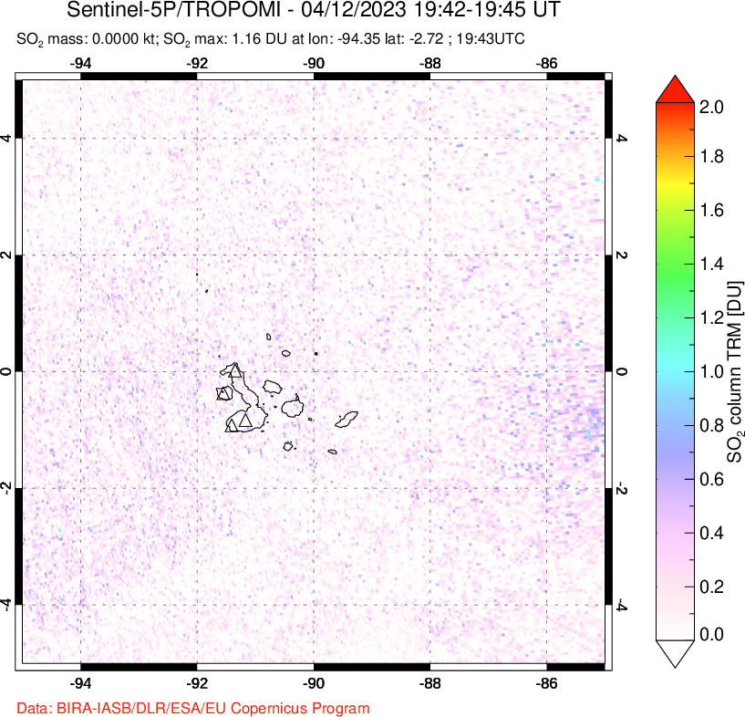 A sulfur dioxide image over Galápagos Islands on Apr 12, 2023.