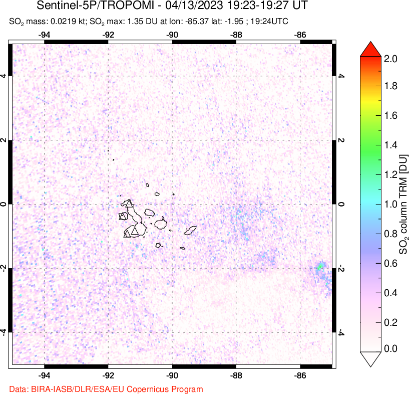A sulfur dioxide image over Galápagos Islands on Apr 13, 2023.