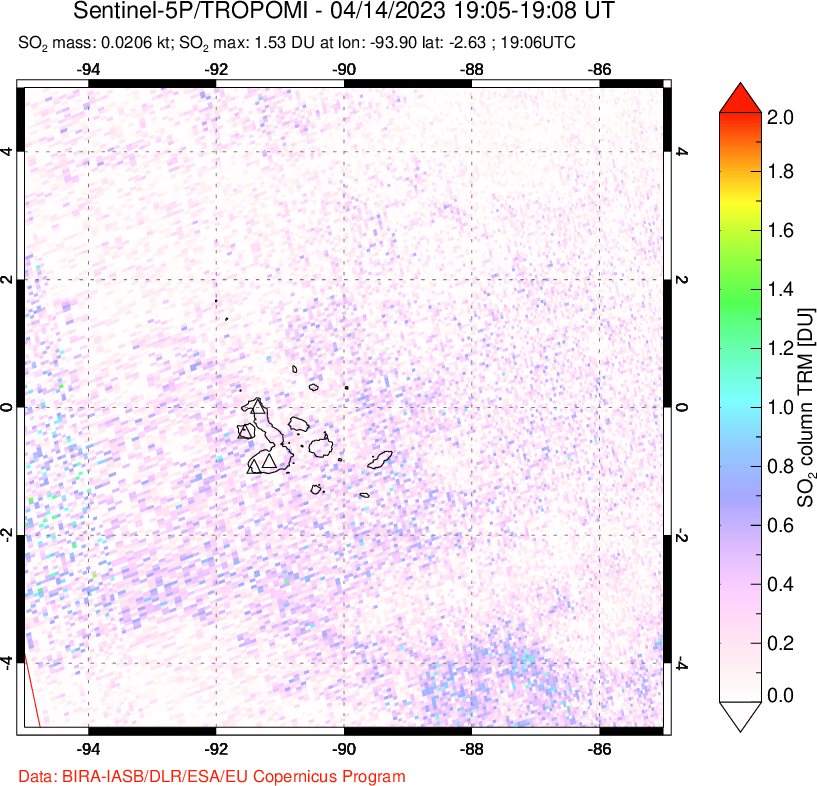 A sulfur dioxide image over Galápagos Islands on Apr 14, 2023.