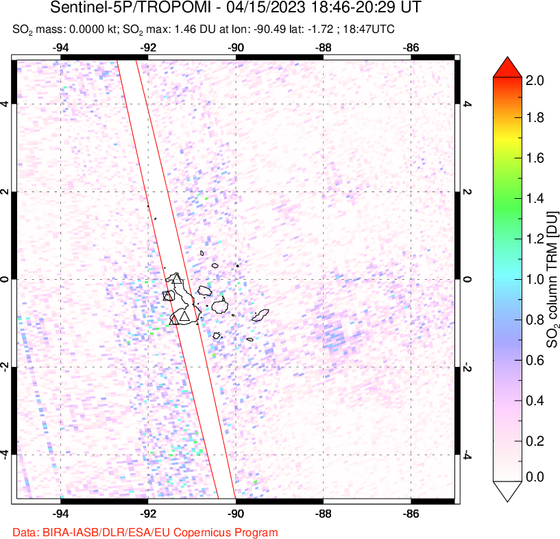 A sulfur dioxide image over Galápagos Islands on Apr 15, 2023.