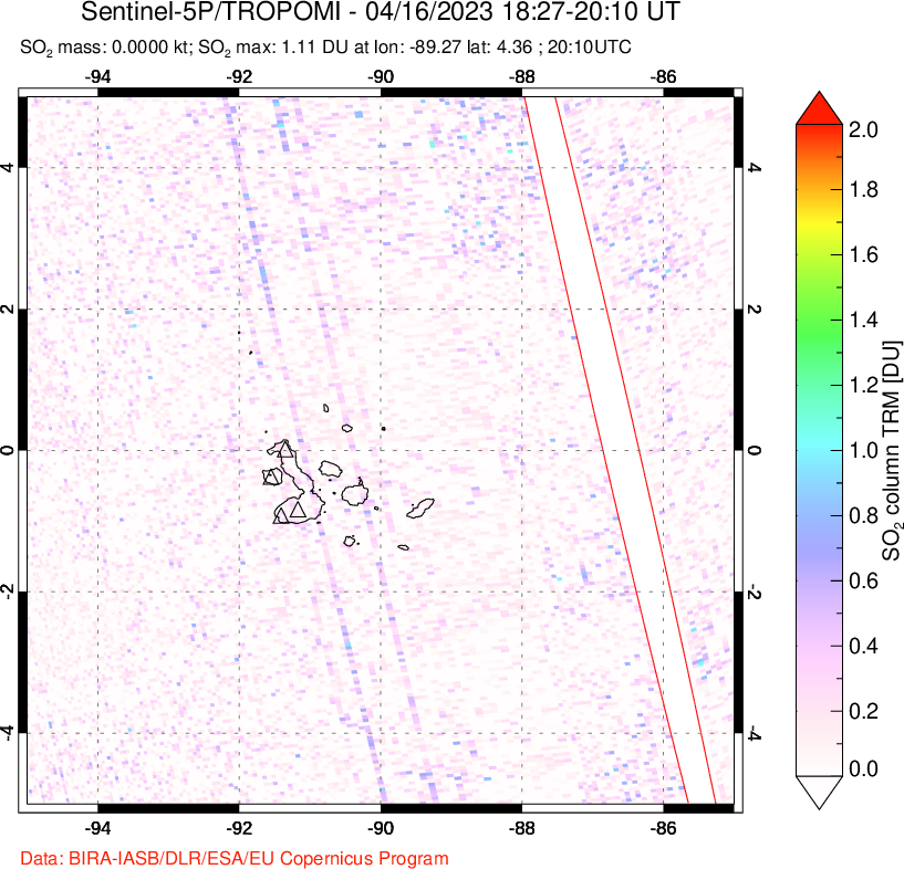 A sulfur dioxide image over Galápagos Islands on Apr 16, 2023.