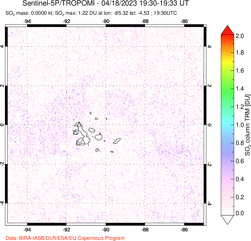 A sulfur dioxide image over Galápagos Islands on Apr 18, 2023.