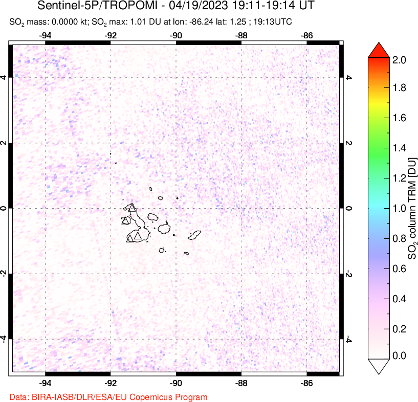 A sulfur dioxide image over Galápagos Islands on Apr 19, 2023.