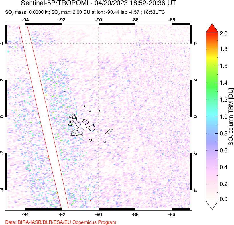 A sulfur dioxide image over Galápagos Islands on Apr 20, 2023.