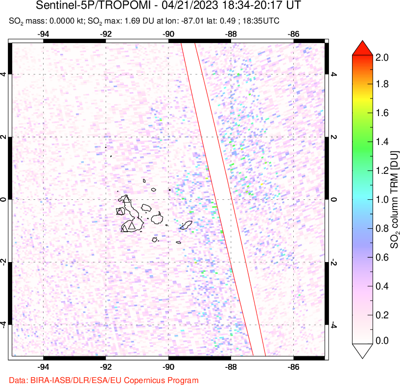 A sulfur dioxide image over Galápagos Islands on Apr 21, 2023.