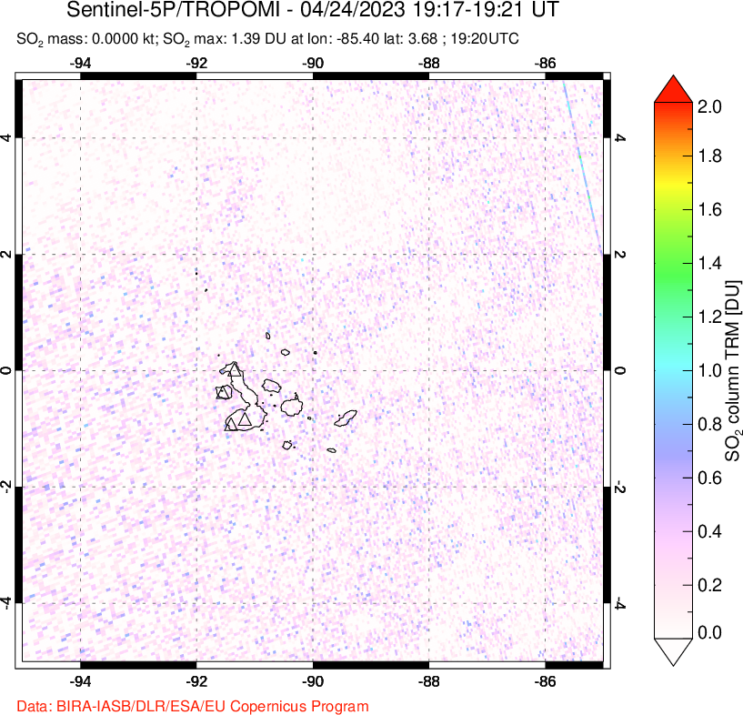 A sulfur dioxide image over Galápagos Islands on Apr 24, 2023.