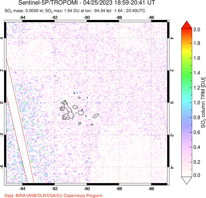 A sulfur dioxide image over Galápagos Islands on Apr 25, 2023.