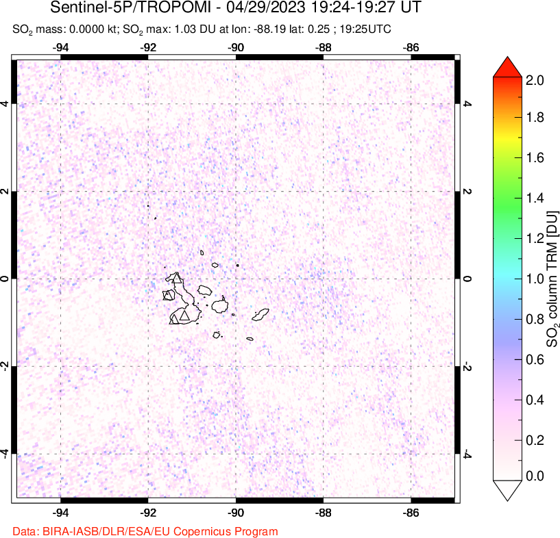 A sulfur dioxide image over Galápagos Islands on Apr 29, 2023.