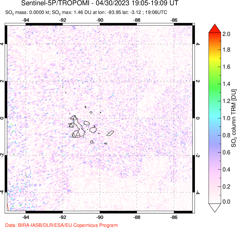 A sulfur dioxide image over Galápagos Islands on Apr 30, 2023.