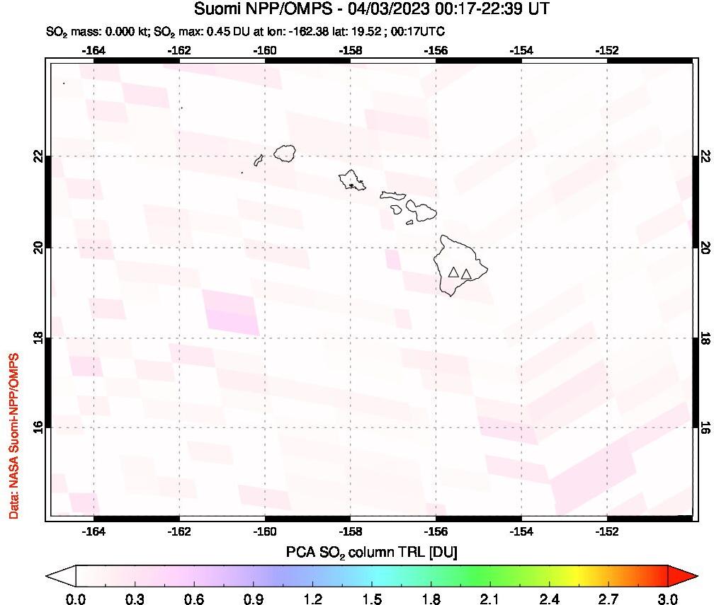 A sulfur dioxide image over Hawaii, USA on Apr 03, 2023.