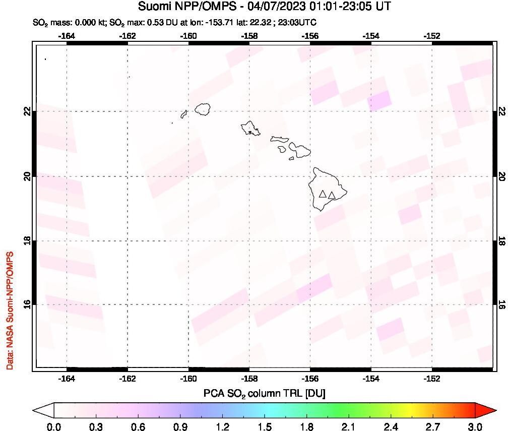 A sulfur dioxide image over Hawaii, USA on Apr 07, 2023.