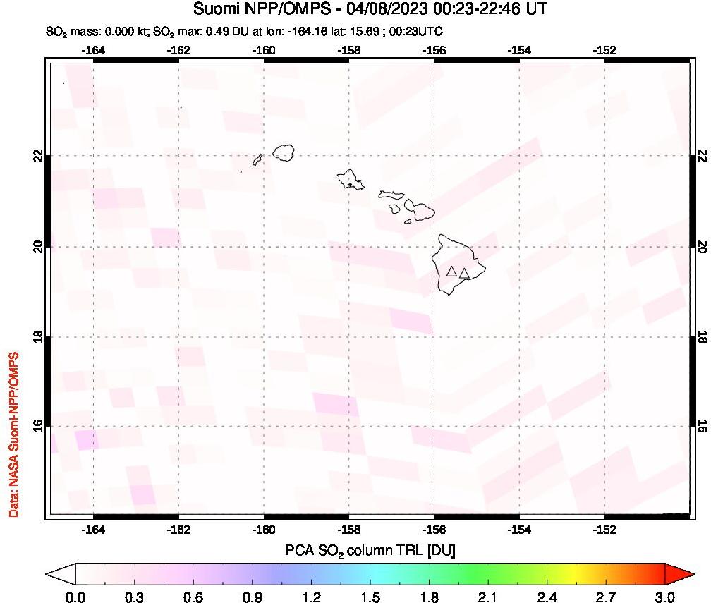 A sulfur dioxide image over Hawaii, USA on Apr 08, 2023.
