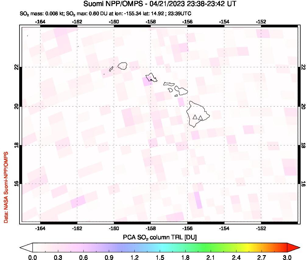 A sulfur dioxide image over Hawaii, USA on Apr 21, 2023.