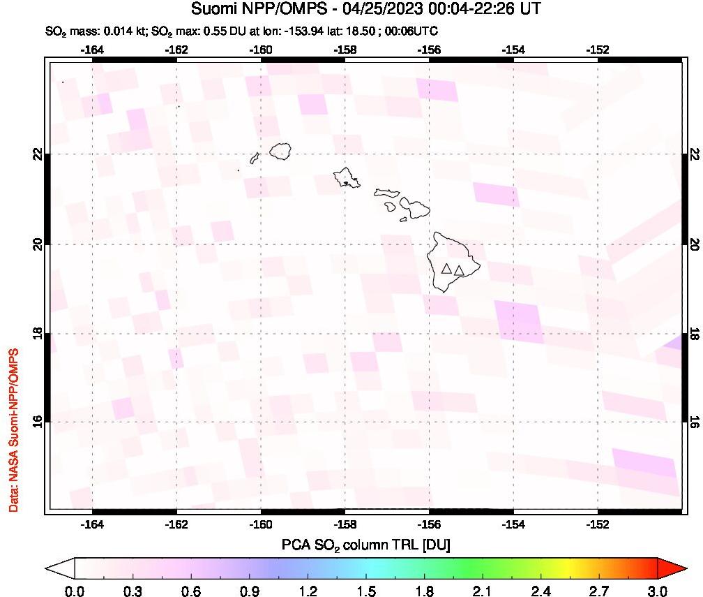 A sulfur dioxide image over Hawaii, USA on Apr 25, 2023.