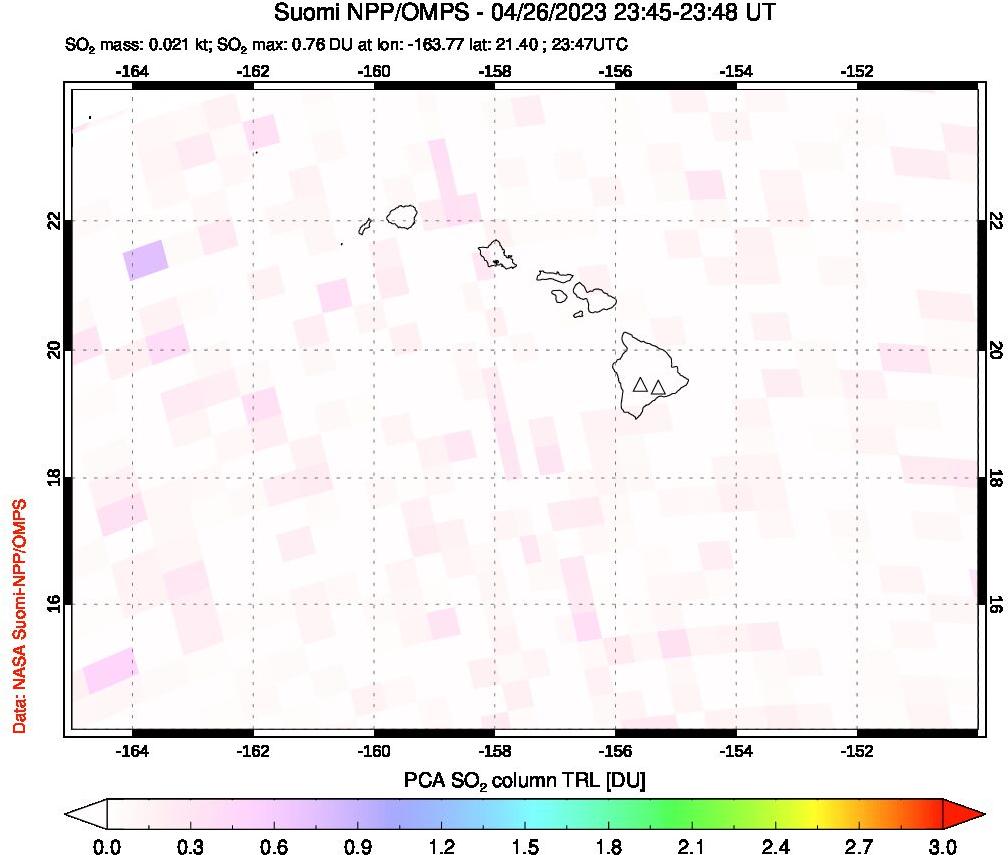 A sulfur dioxide image over Hawaii, USA on Apr 26, 2023.