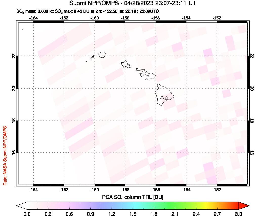 A sulfur dioxide image over Hawaii, USA on Apr 28, 2023.