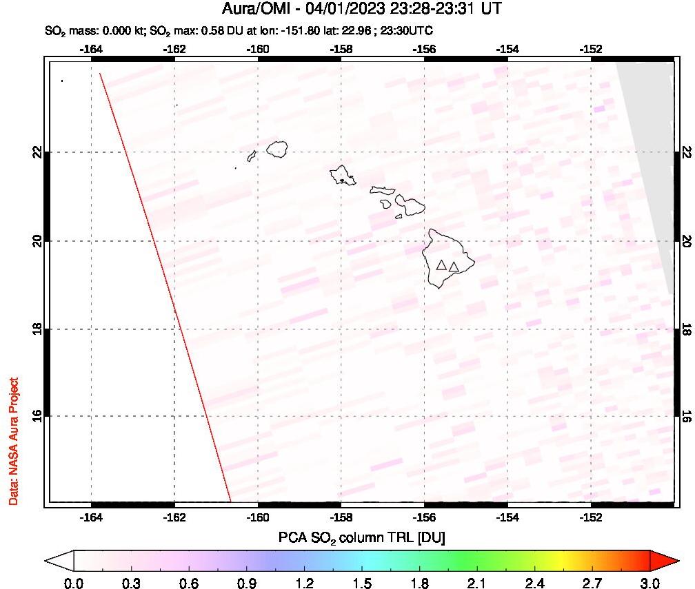 A sulfur dioxide image over Hawaii, USA on Apr 01, 2023.