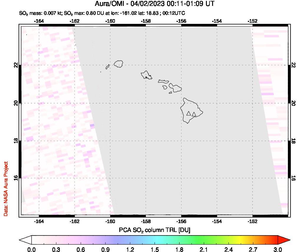 A sulfur dioxide image over Hawaii, USA on Apr 02, 2023.