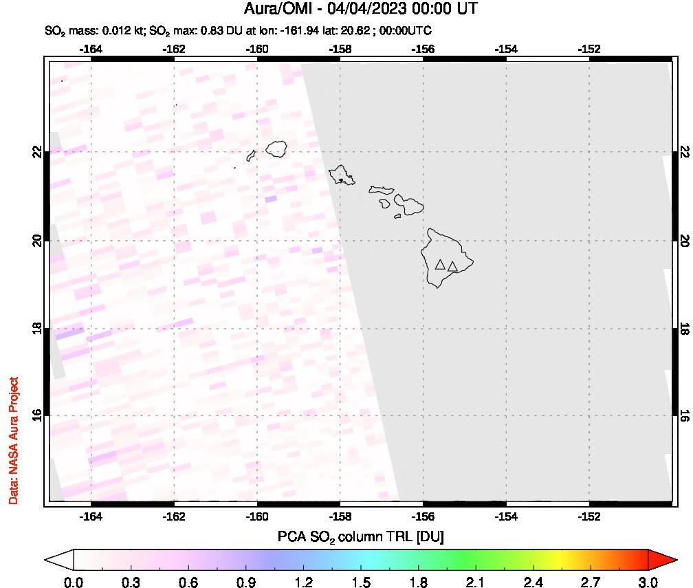 A sulfur dioxide image over Hawaii, USA on Apr 04, 2023.