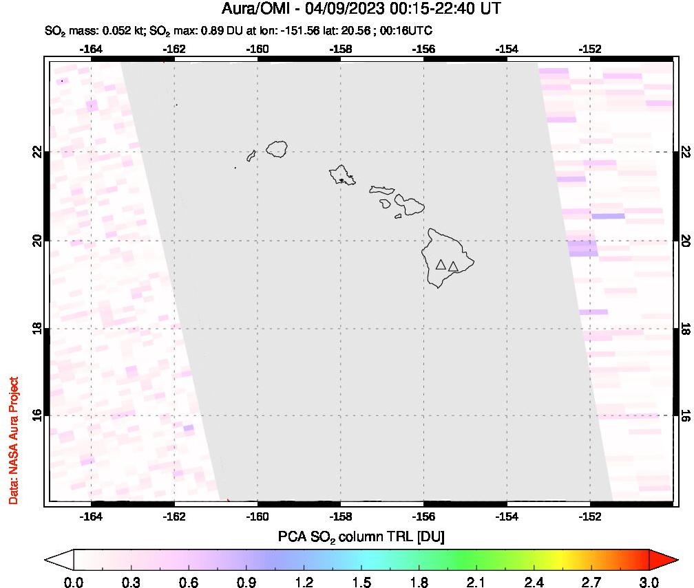 A sulfur dioxide image over Hawaii, USA on Apr 09, 2023.
