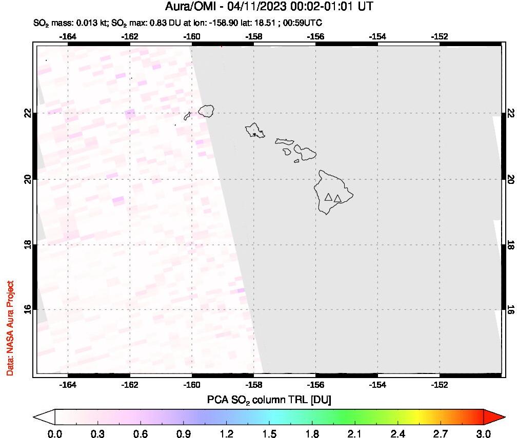 A sulfur dioxide image over Hawaii, USA on Apr 11, 2023.