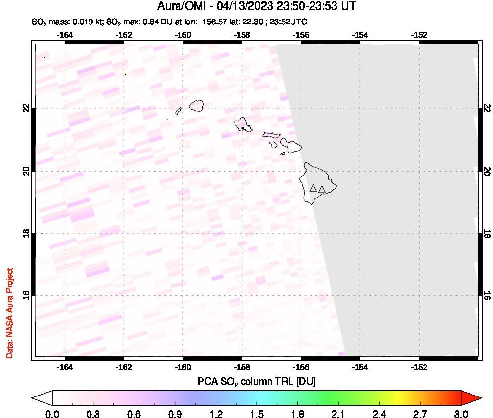 A sulfur dioxide image over Hawaii, USA on Apr 13, 2023.