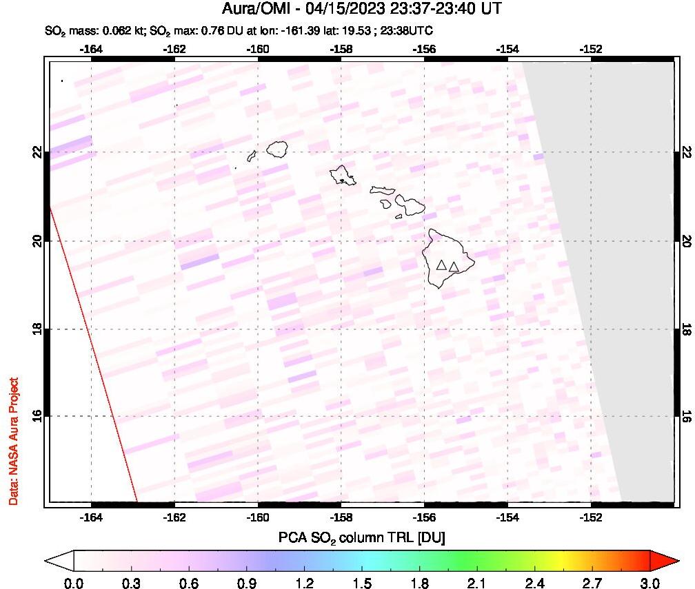 A sulfur dioxide image over Hawaii, USA on Apr 15, 2023.
