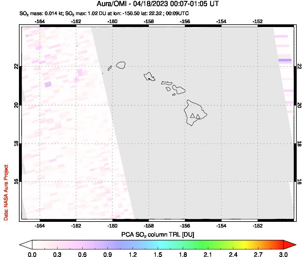 A sulfur dioxide image over Hawaii, USA on Apr 18, 2023.