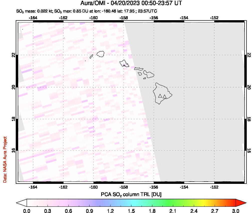 A sulfur dioxide image over Hawaii, USA on Apr 20, 2023.