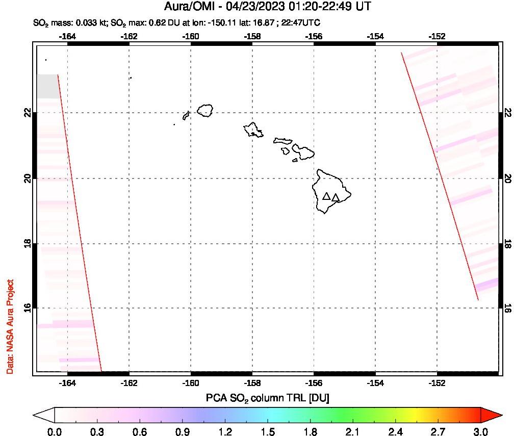 A sulfur dioxide image over Hawaii, USA on Apr 23, 2023.