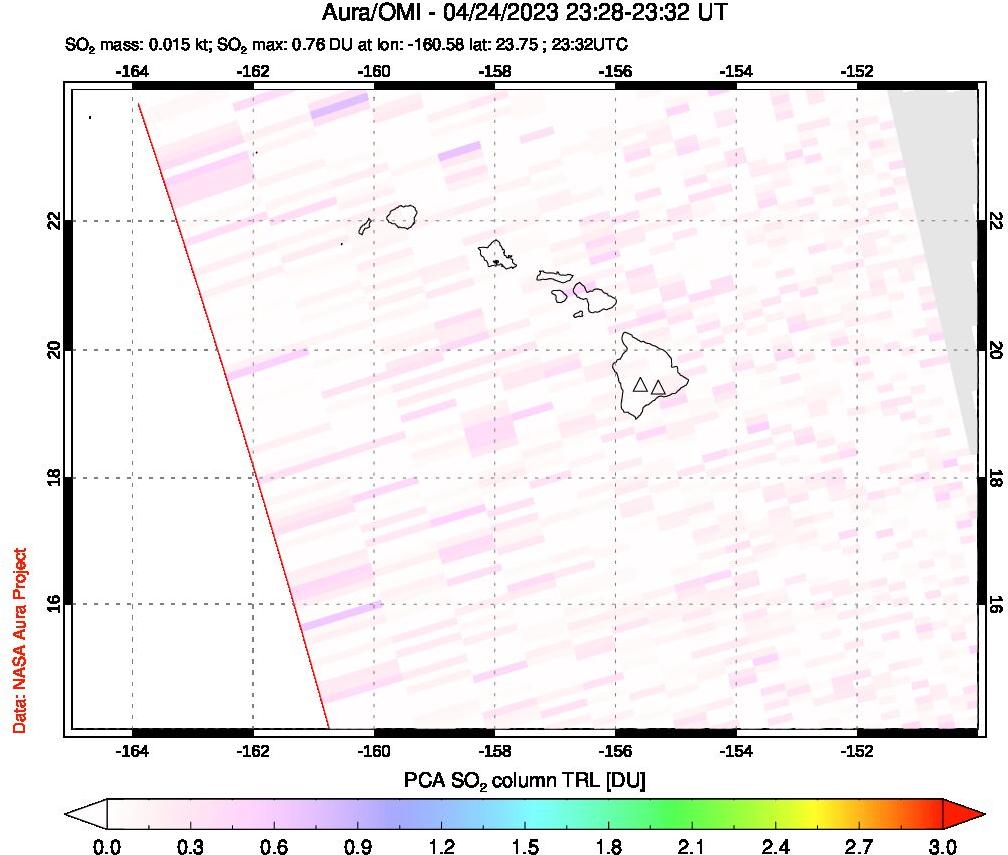 A sulfur dioxide image over Hawaii, USA on Apr 24, 2023.